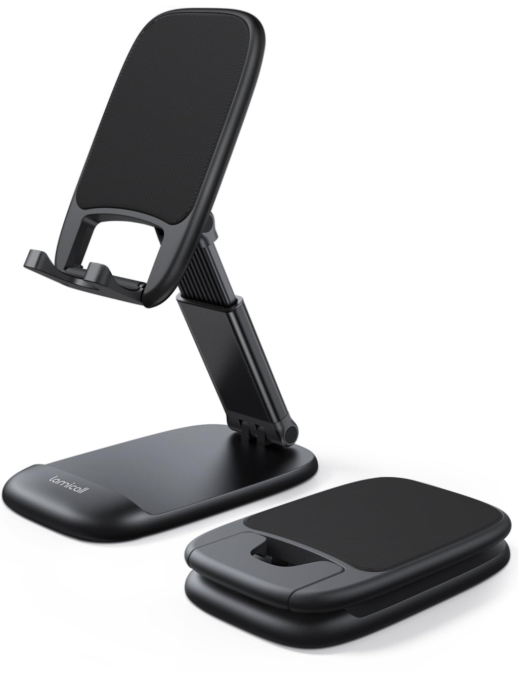 Lamicall Foldable Phone Stand for Desk - Height Adjustable Cell Phone Holder Portable Cellphone Cradle Desktop Dock Compatible with iPhone 15 14 13 Pro Max Mini, 12 11 XR X 8 7 6 Plus SE, Smartphone 1-Black