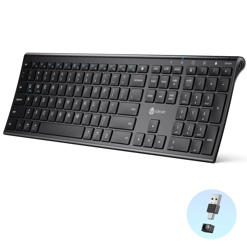 iClever GK20 2.4G Wireless Keyboard, USB-C Rechargeable Stainless Steel Ultra Slim Full Size Keyboard with Numeric Keypad for Windows 7/8/10, Mac, Chromes OS, iMac, MacBook Air/Pro, Laptop, Desktop PC Black
