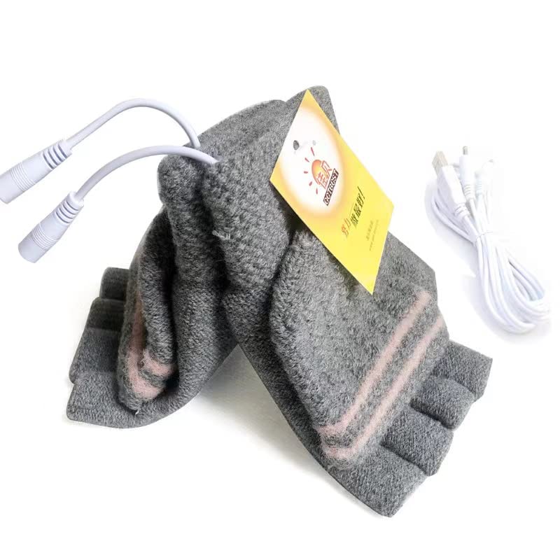 Women's & Men's USB Heated Gloves Mitten Winter Hands Warm Laptop Gloves, Knitting Hands Full & Half Heated Fingerless Heating Warmer Washable Design (Gray)