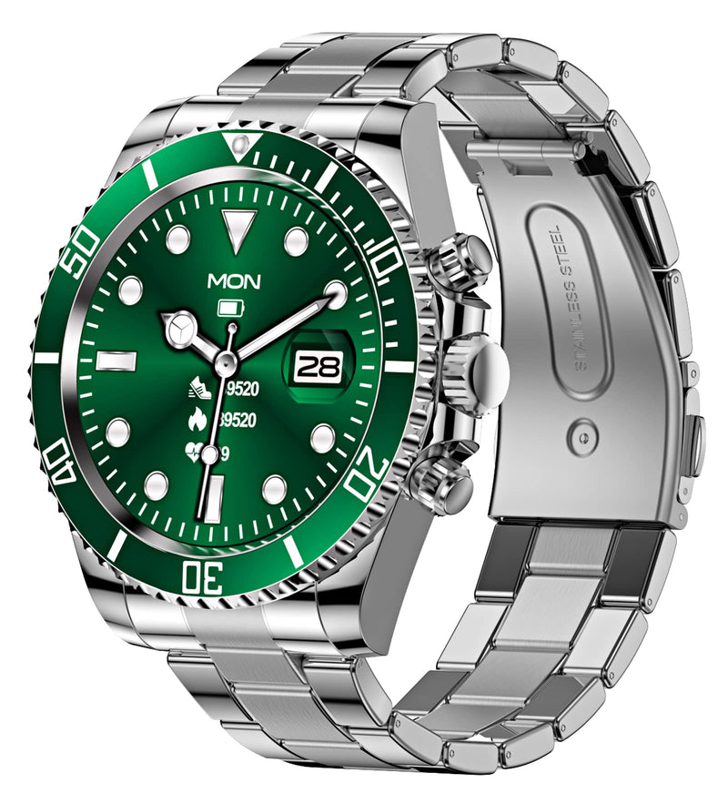 Loluka Smart Watch Bluetooth Call Sports Modes Message Reminder Smartwatch for Android Phones iOS Stainless Steel Business Watch Men green