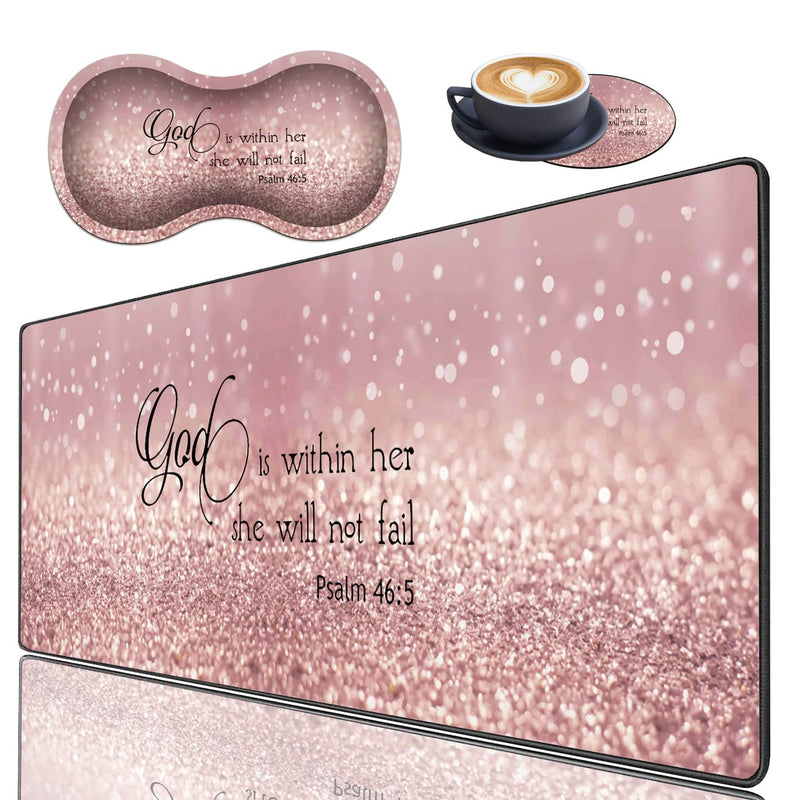 XMTMR-Glass Extended Gaming Mouse Pad with Seam, Long XL Desktop Keyboard Pad, Suitable for Work/Game/Office/Home, Butterfly Wrist Rest Pad and Coaster, Pink Glitter Quotes Psalm 46:5 Xg-g4-bc 001