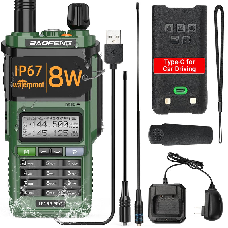 BAOFENG UV-9R Pro Radio Handheld Two Way Radio Dual Band Waterproof Transceiver Long Range Walkie Talkie Rechargeable with Type-C Charger Green+AR-771