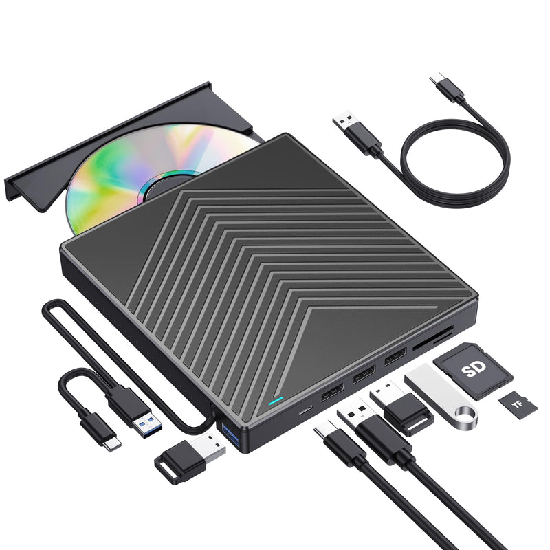 ROOFULL External CD DVD Drive with 4 USB Ports & 2 SD/TF Card Slot (8 in 1) | USB 3.0 Type-C Slim CD DVD Player Burner Reader Writer Optical Disk Drive for Laptop PC, Windows 11/10/7 Linux Mac OS, UL41-Y 8x1 Drive (Slim)
