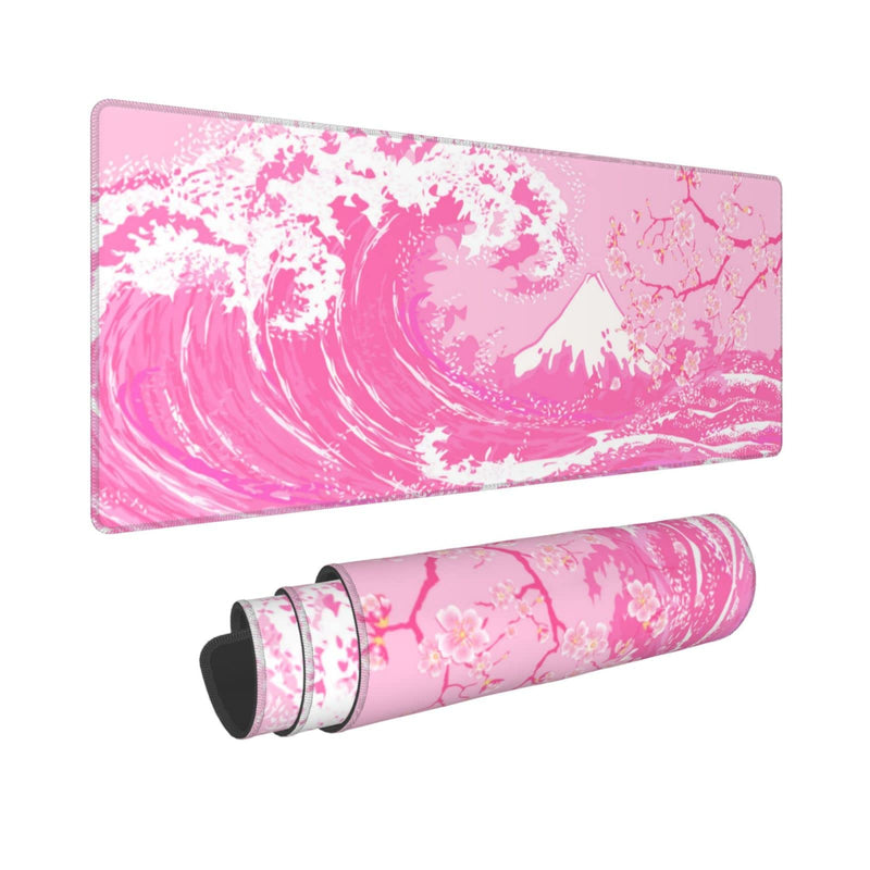 Pink Japanese Wave Cherry Blossom Gaming Mouse Pad XL, Large Non Slip Rubber Mousepad, Stitched Edges Desk Pad, Long Extended Mice Pad,31.5'' X 11.8'' Pink Japanese Wave Cherry Blossom