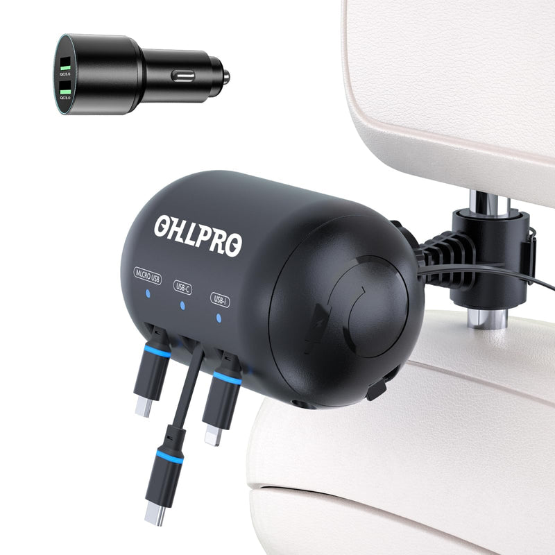 OHLPRO Multi Car Retractable Backseat 3 in 1 Car Charging Station Box Compatible with All Phones | iPhone | Samsung | Uber Taxi Lyft Turo Ride Share Customer Charging Dock Attach to Headrest Car Adapter | 3-IN-1 Charging Station