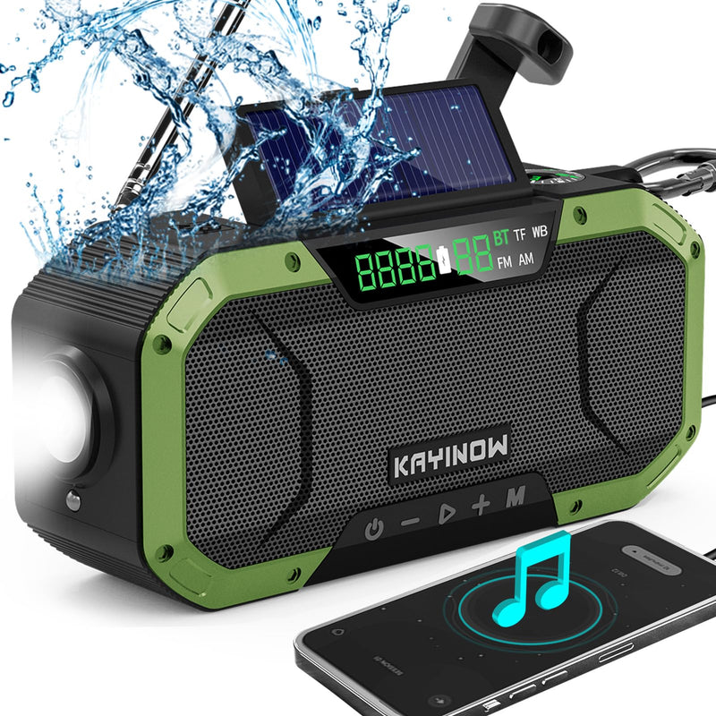 [AUSTRALIA] - Hand Crank Solar Power Emergency Radio with Waterproof Bluetooth Speaker,Portable AM FM NOAA Weather Radio,5000mAh/18500mWh Rechargeable, Phone Charger,Flashlight,SOS,Survival Storm Camping Green 