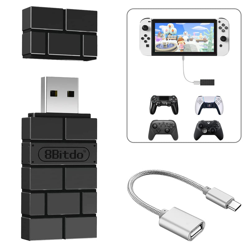 8BitDo USB Wireless Controller Adapter 2 Converter Dongle for Switch/Switch OLED,Steam Deck,Windows,Raspberry Pi, macOS, PS5/PS4/PS3 Controller,Xbox Series X/S,Xbox One Bluetooth Controller OTG Cable Black