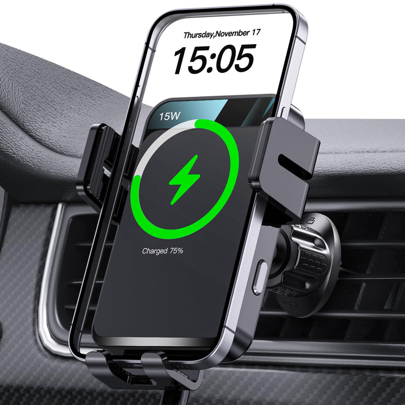 Wireless Car Charger, MOKPR Auto-Clamping Car Mount 15W/10W/7.5W Fast Charging Air Vent Car Phone Mount Compatible with iPhone 15/14/13/13 Pro/12 Pro Max/12 pro/12/11/10 Series, Samsung Galaxy Series | Car Phone Holder Compatible for iPhone 17/16/15/14...