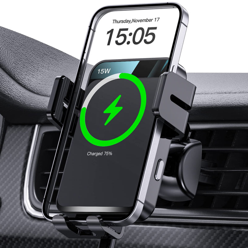 Wireless Car Charger, MOKPR Auto-Clamping Car Mount 15W/10W/7.5W Fast Charging Air Vent Car Phone Mount Compatible with iPhone 15/14/13/13 Pro/12 Pro Max/12 pro/12/11/10 Series, Samsung Galaxy Series Black