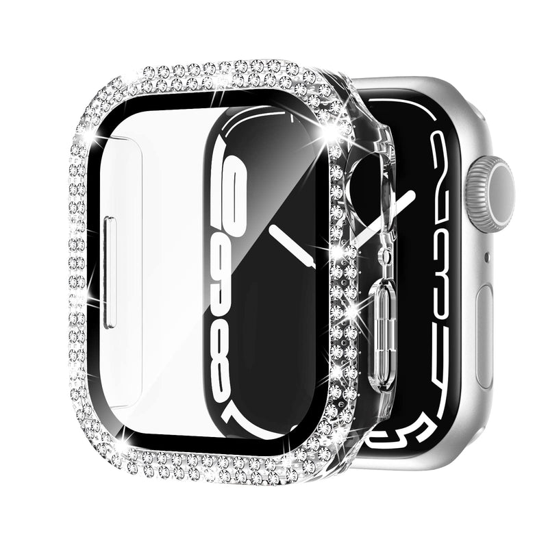 Adepoy for Apple Watch Case Series 7/8 41mm with Tempered Glass Screen Protector, Double Bling Case Crystal Diamonds Rhinestone Bumper Overall Hard PC Ultra-Thin Protective Cover for iWatch 41mm Clear