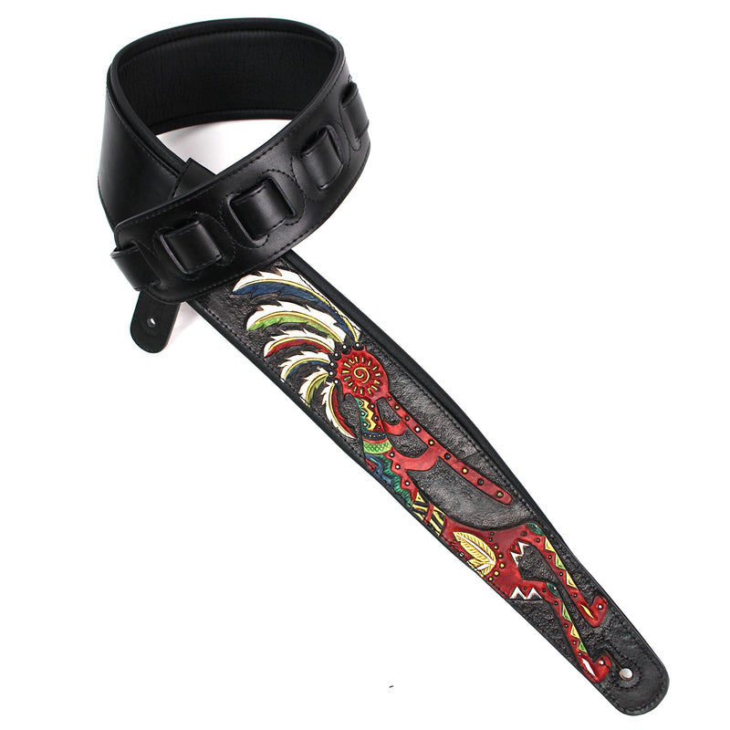 Walker And Williams KB-56-BLK Handmade 3" Wide Black Padded Guitar Strap With Carved Red Kokopelli Design On Premium Black Leather For Acoustic, Electric, And Bass Guitars
