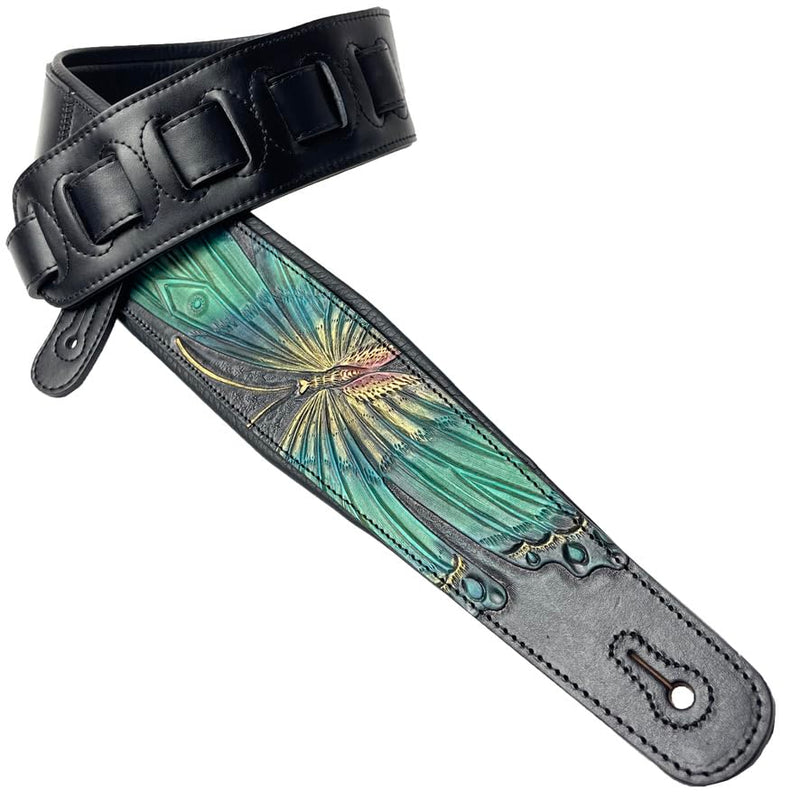 Walker And Williams KB-57 Handmade Large Vivid Blue Butterfly Padded Guitar Strap Hand Carved On Premium Black Carving Leather For Acoustic, Electric, And Bass Guitars