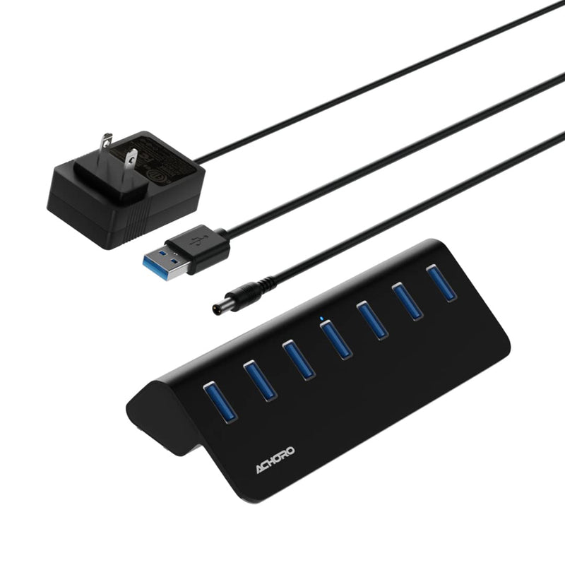 Achoro 7 Ports Powered USB HUB – 2nd Generation 10GB Super Speed External USB Port – USB 3.2 Aluminium USB Hub for Computer, Mac, PCs, Smartphone & Tablets – Computer Multiple USB Hub (Powered Black) POWERED BLACK
