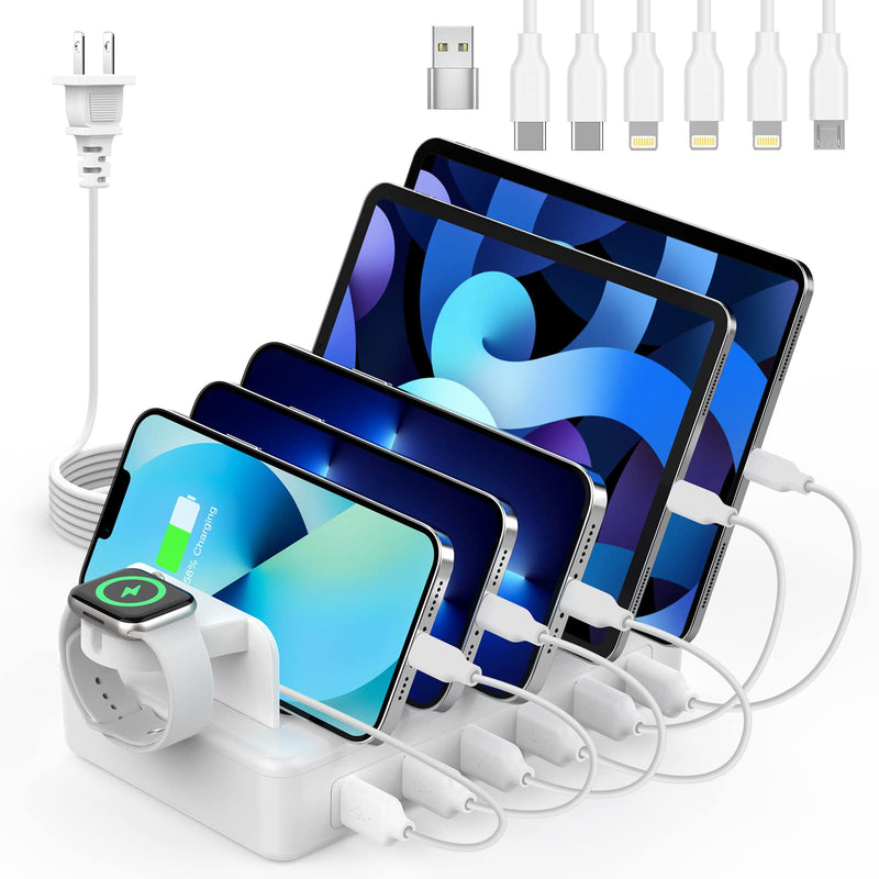 CREATIVE DESIGN Charging Station for Multiple Devices,50W 6 Ports Charging Dock with 6 Cables Compatible with Cellphone,Tablet, Kindle, Apple Watch and Other Electronic White