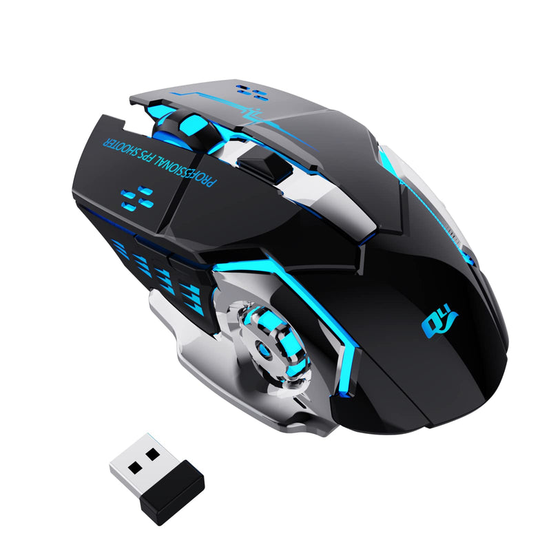 QELIROKY QV13 New 2.4G Wireless Rechargeable Gaming Mouse Silent Click with 6 Buttons, 3 Adjustable Levels DPI , Colorful LED Lights for Laptop, iPad, MacOS, PC, Windows, Android (Black)