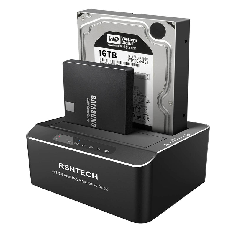 Hard Drive Dock, RSHTECH Aluminum USB 3.0 to SATA Dual Bay External Hard Drive Docking Station for 2.5 & 3.5 inch SATA HDD SSD with Offline Clone/Duplicator Function, Support UASP & 2x16TB (RSH-DS01) SATA Dual-Bay Hard Drive Dock