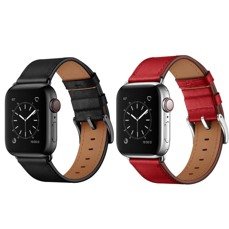 OUHENG Compatible with Apple Watch Band Genuine Leather Replacement Strap 41mm 40mm 38mm Black & Red