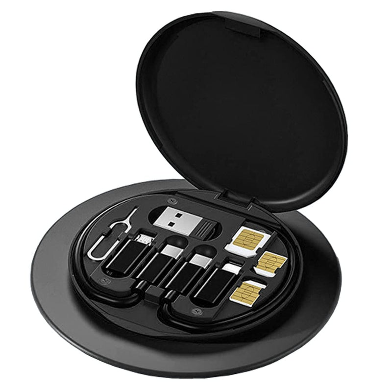 USB Adapter Cable Conversion Storage Box, Multi-Type Charging Line Convertor Lightning Type C Micro Data Transfer Tool Contains Sim Card Slot Tray Eject Pin, Use as Phone Holder (Black) Black