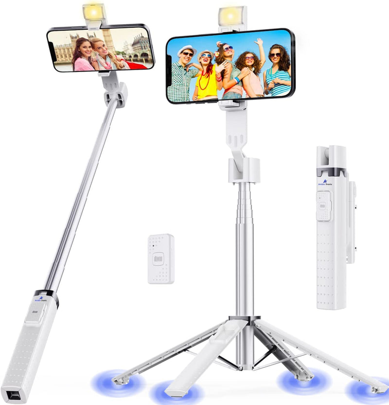 Ambertronix 40” Selfie Stick Tripod Quadrapod, Onboard Light, Wireless Bluetooth Remote, Extendable, Stainless Steel, 3 Light Modes, 9 Brightness Levels, Compatible with All iPhone & Android Devices Chrome