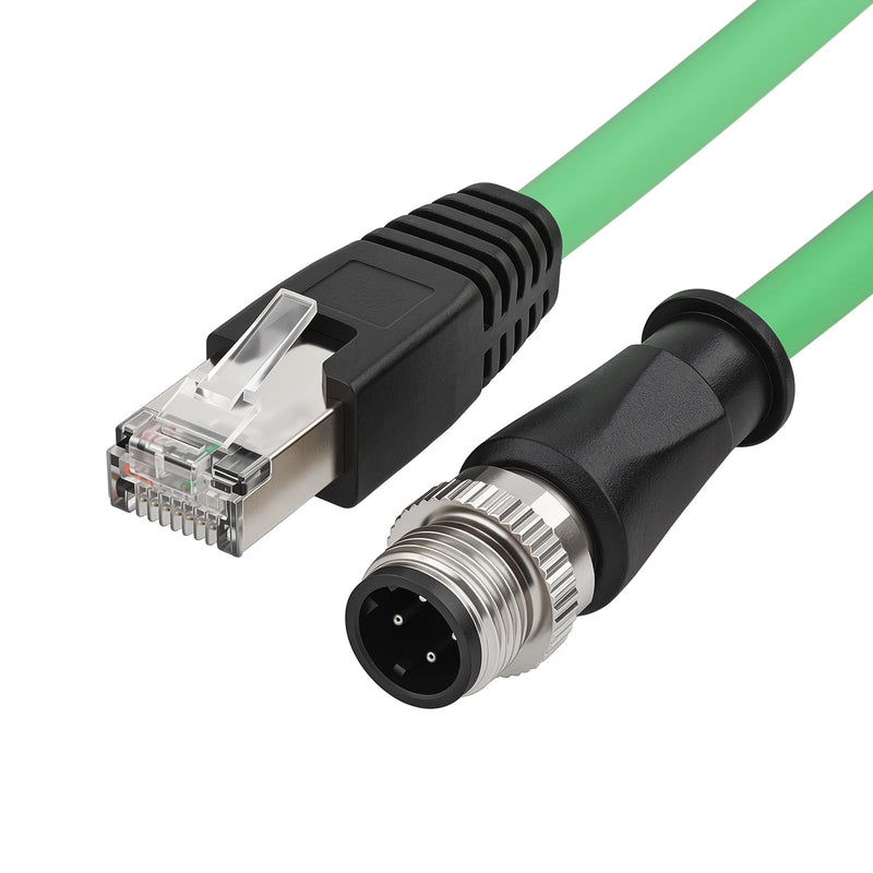 M12 D-Code 4-Pin Male to RJ45 Industrial Ethernet Cable, 10M (32.8ft), 24AWG CAT5e SFTP Shielded PVC, IP67 Waterproof, for Profinet, Cognex, Keyence, Basler Vision Camera & Automation Green