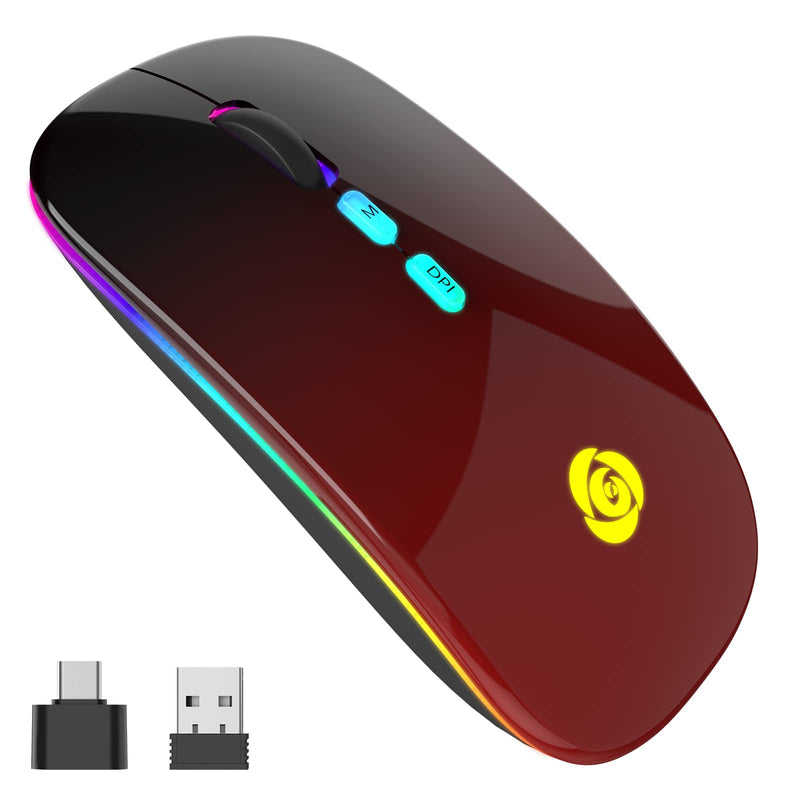 LED Wireless Mouse Bluetooth &2.4GHz Instant Connection,Rechargeable Ultra Silent Slim,3 Adjustable DPI 2 Connection Modes with USB-C to USB Adapter for Laptop/MacBook/PC/Tablet/iPad (Black-red) Black-red