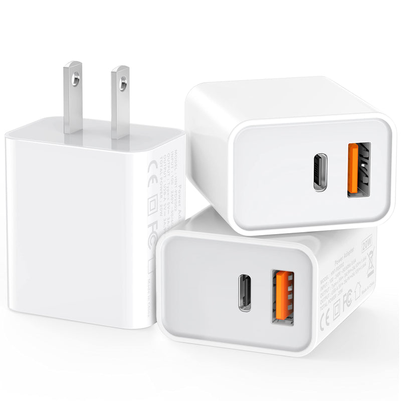 [3 Pack] USB-C Wall Charger, 20W Durable Dual Port QC+PD 3.0 Power Adapter, Double Fast Plug Charging Block for iPhone 14/14 Pro/13/15/15 Pro/Pro Max/Plus, XS/XR/X, Watch Series 8/7 Cube(White) White