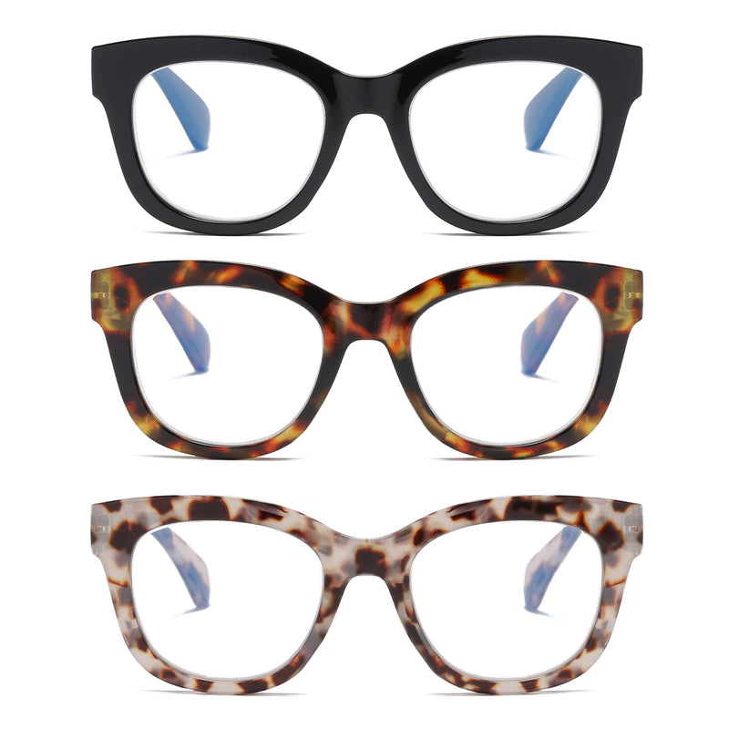 Oversized Reading Glasses for Women,3 Pack Blue Light Blocking Computer Spring hinge Readers Black&leopard&grey Leopard 1.5 x
