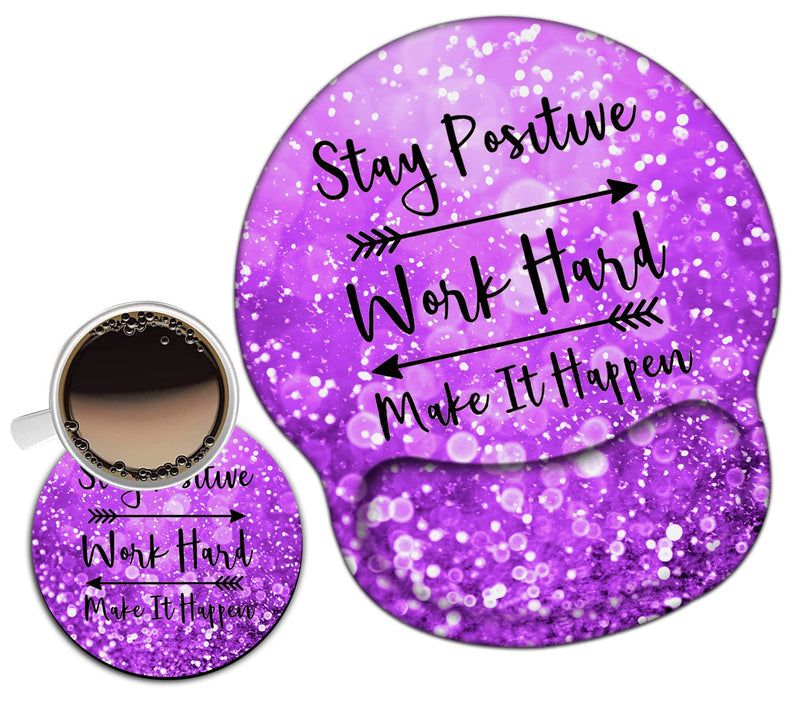 Mouse Pad with Wrist Support Gel Ergonomic Mouse Pads with Rest Support Mouse Pad for Home Office Working Pain Relief + Coaster, Stay Positive Work Hard and Make It Happen Purple Glitter Yu-mouse Pad-2-h24
