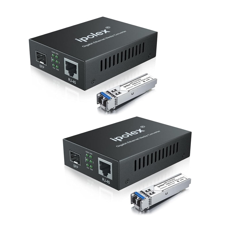 ipolex Gigabit Single-Mode LC Fiber to Ethernet Media Converter (SFP LX Modules Included),1.25G Fiber Media Converter, 1000Base-LX to 10/100/1000Base-TX, 1310nm, SMF, Transmission up to 20KM, 2 Pack Standard Kit #2: SFP 20km x2