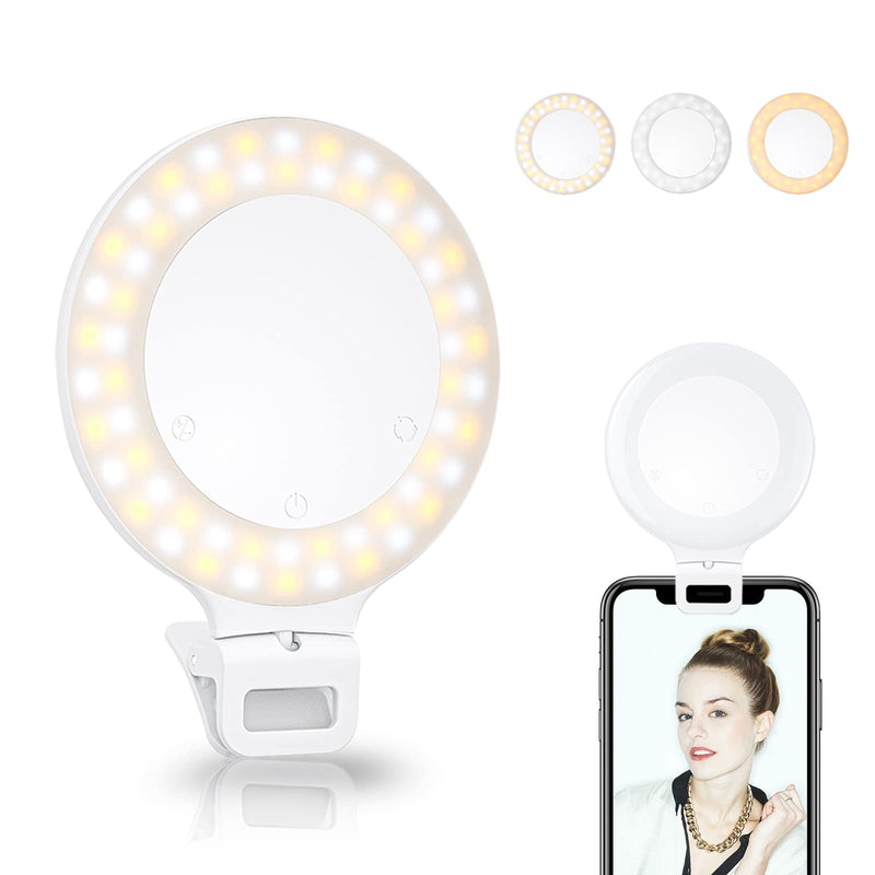 Selfie Ring Light, Clip on Ring Light Touch Control, Rechargeable 800mAh 60 LED Circle Light with 3 Light Modes for iPhone/Android Smart Phone Laptop Photography, Camera Video Recording, Vlog, TikTok 800mAh 60LED