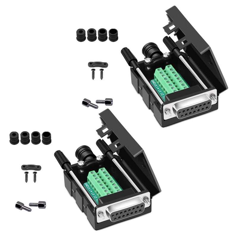 ANMBEST DB15 Solderless Serial to 15-pin Port Terminal Female Adapter Connector Breakout Board with Case Long Bolts Nuts (2PCS Female) 2PCS Female