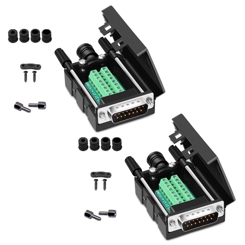 ANMBEST DB15 Solderless Serial to 15-pin Port Terminal Male Adapter Connector Breakout Board with Case Long Bolts Nuts (2PCS Male) 2PCS Male