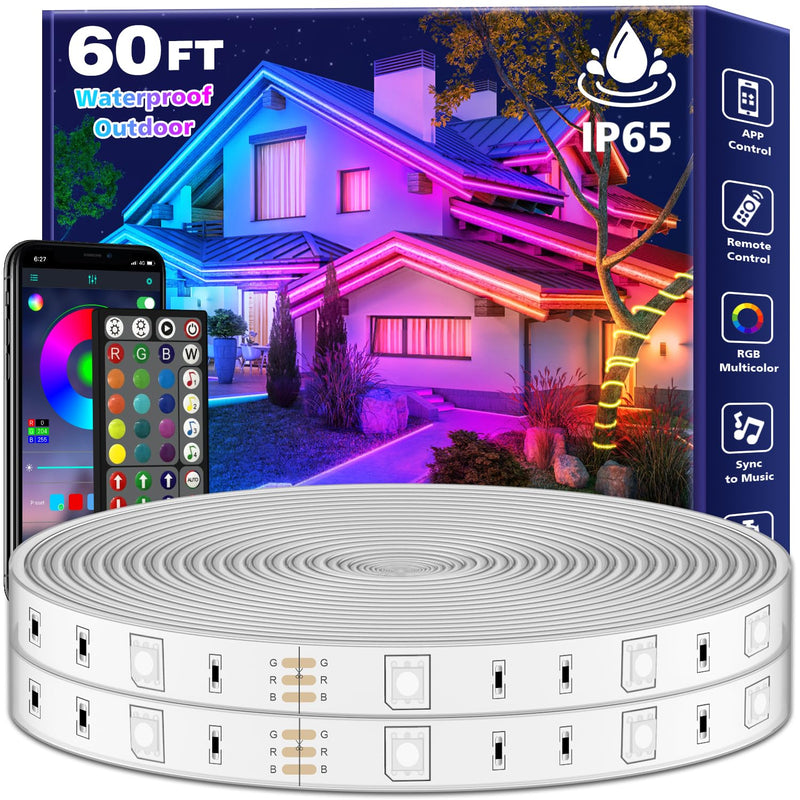 60Ft Outdoor Waterproof LED Strip Lights,Music Sync RGB IP65 Led Lights with App Control and Remote,Color Changing Waterproof Led Rope Lights for Outdoor,Balcony,Roof,Garden,Stairs Party