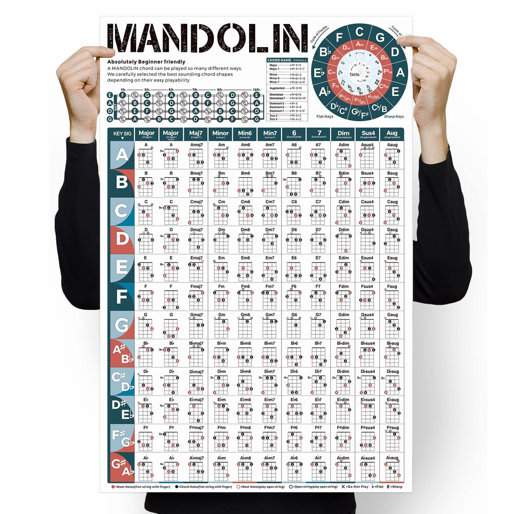 Mandolin Chord Chart Poster - 16''x24'' Wall Chart for Comprehensive Reference Guide of Easy Chord Diagrams, Fingerings Practice, Circle of Fifths for Beginner, Perfect Mandolin Learning Aid