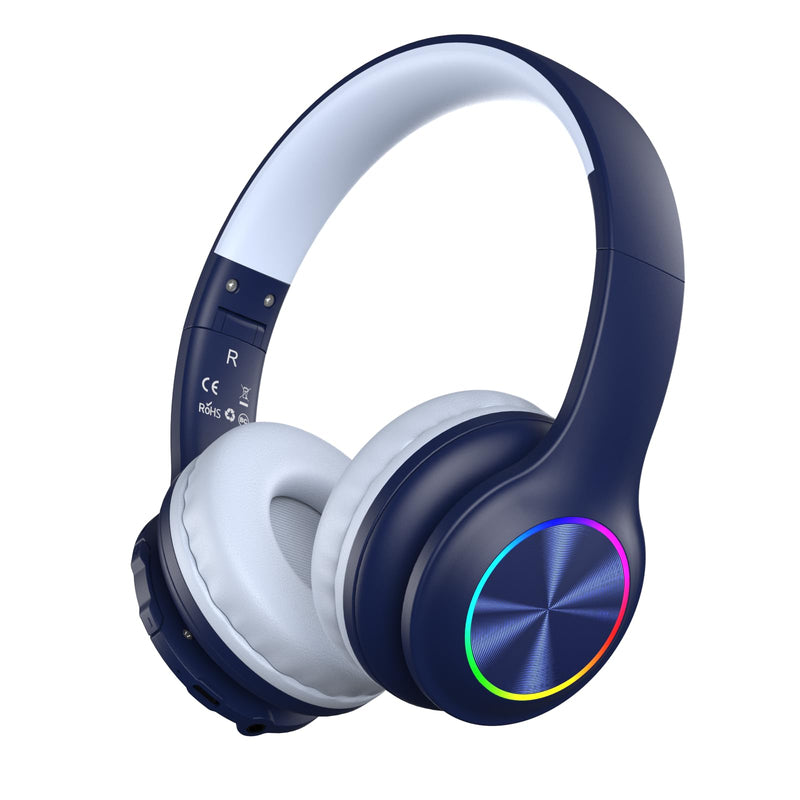 [AUSTRALIA] - Candy Bila Kids Bluetooth 6.0 Headphones with LED Light, 85Hours Playtimes, Type-C Fast Charging, 85/94dB Volume Limited, Comfort Wireless Headphones with Built-in Mic, Wired & TF Card Mode, Navy Blue 