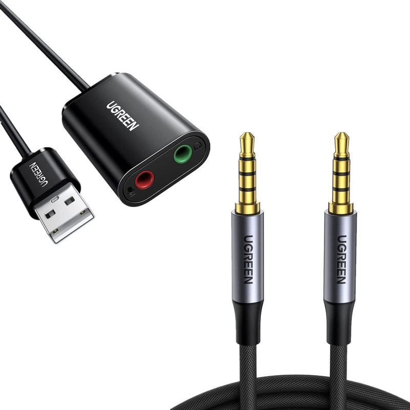 UGREEN USB Audio Adapter External Sound Card Bundle with 4-Pole 3.5mm Audio Cable 3FT