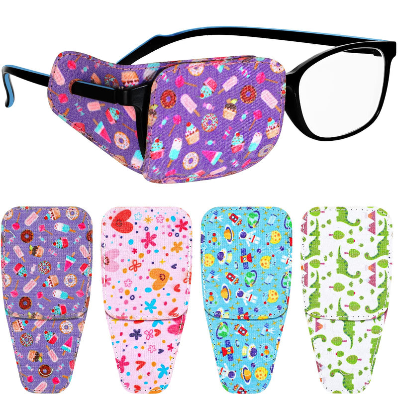 Haysandy 4 Pcs Eye Patches for Kids Reusable Eyepatch for Glasses to Cover Either Eye, Pink Blue Green White, 4 Styles (Dino Flower Outer Space Ice Cream) Dino Flower Outer Space Ice Cream
