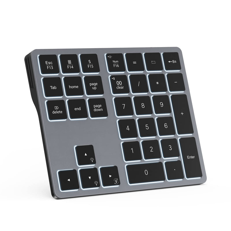 Doohoeek Backlit Bluetooth Numeric Keypad for Laptops and Computers, Number Pads 34 Keys with 7-Color Backlight for MacBook & Windows, Gray Bluetooth Only Grey