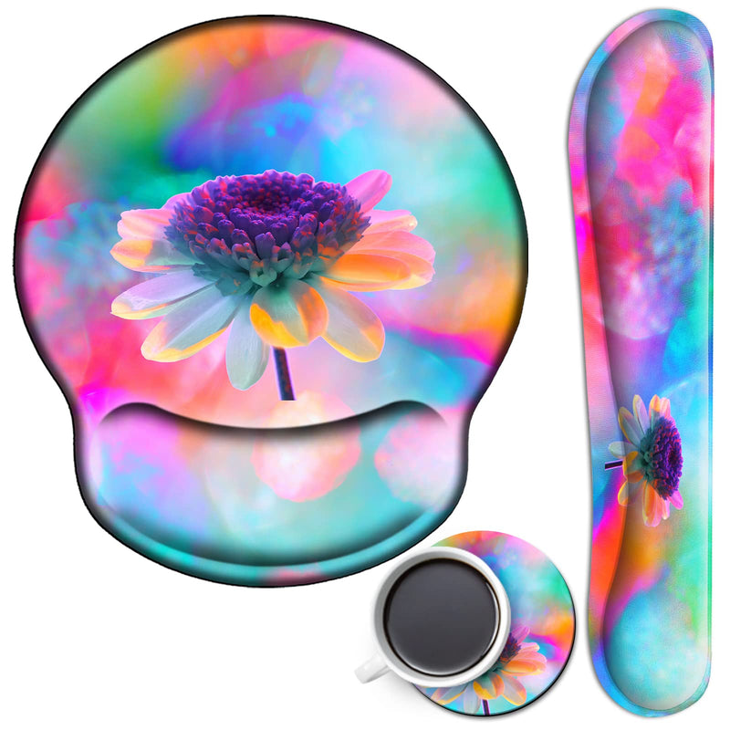 Ergonomic Mouse Pad and Keyboard Wrist Rest Set, Non Slip PU Base Easy Typing Pain Relief Gaming Mousepad with Coaster 3-in-1 Combo for Computer Laptop Home Office, Pink Watercolor Flower 3 Pcs Set