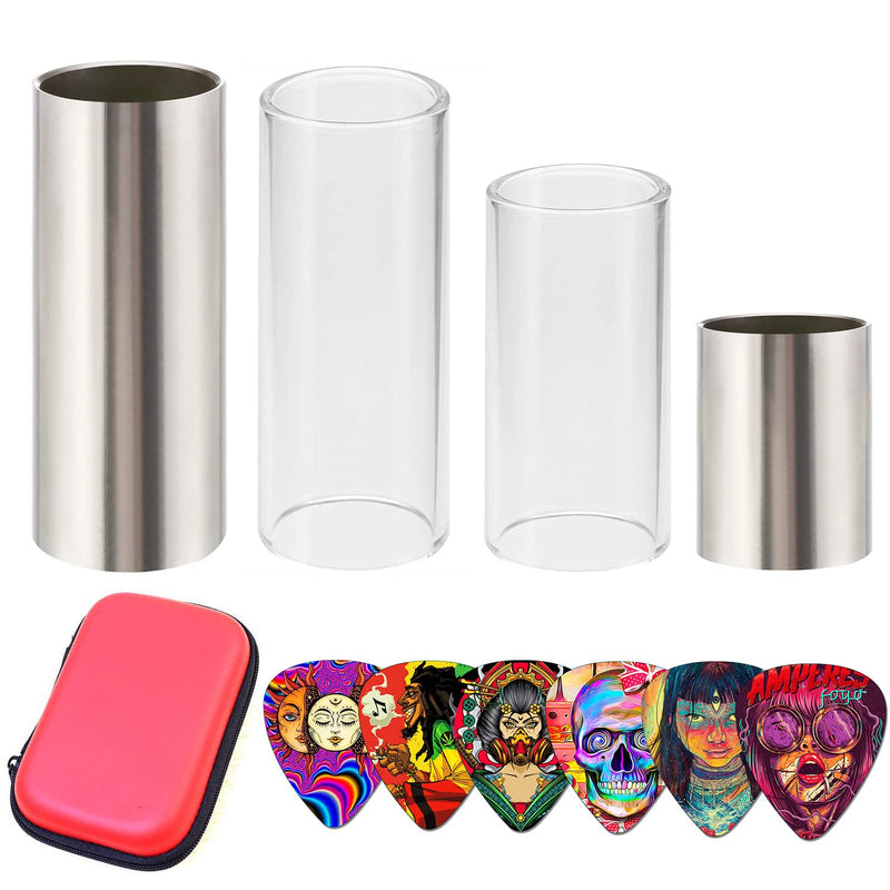Guitar Slide, Set of 2 Glass Guitar Slide, 1 Steel Guitar Slide, 1 Guitar Slide Ring, with 6 Pieces Artistic Guitar Picks in Red EVA Box