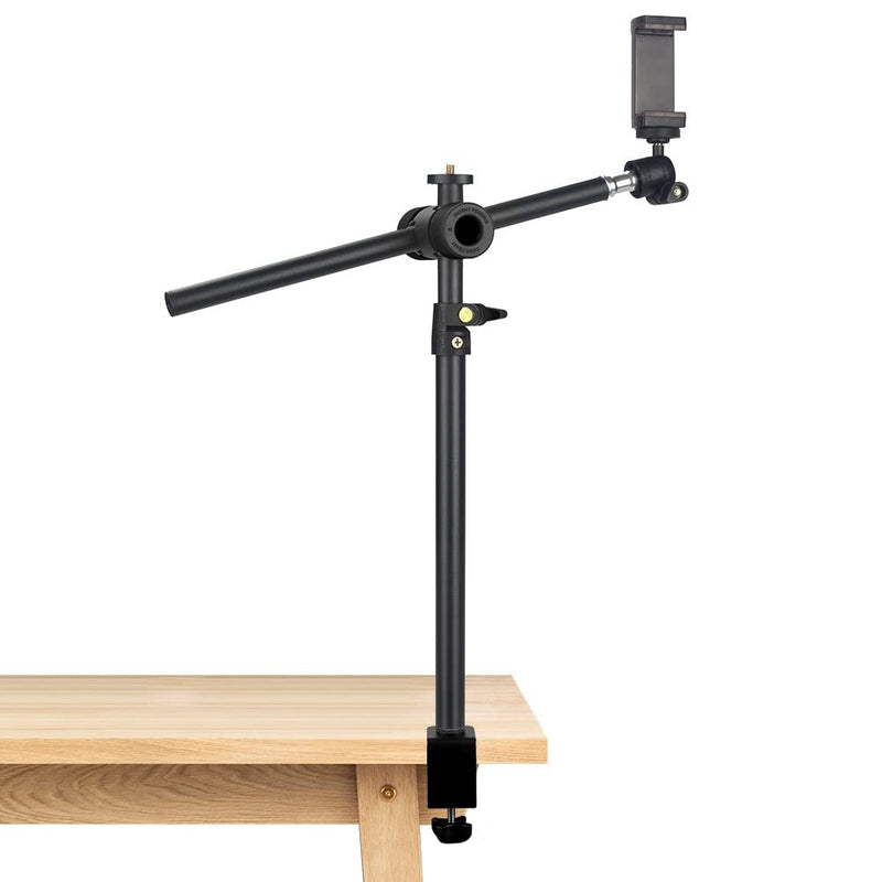 Overhead Camera Mount Desk Stand with 360° Adjustable Holding Arm, Flexible Phone Stand with 360° Ballhead and Phone Mount Holder, Boom Stand for Microphone, Video Light, Webcam, Cell Phone