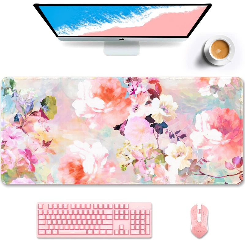 Auhoahsil Desk Pad, XXL Large Mouse Extended Gaming Mousepad, Cute Mat for Women, Big Office Accessories Pad Computer Keyboard and Laptop, 35.5 x 15.7 Inch, Pretty Pink Flowers, Girly Flowers Girly Pink Flowers