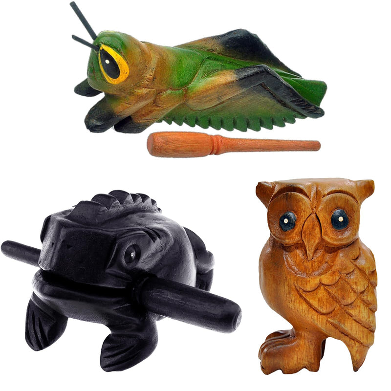 3 Pcs Handmade Wooden Percussion Instruments Animal Set, 3 Inch Wooden Frog, 4 Inch Wooden Cricket, and 2.3 Inch Wooden Owl, Artistic Craft and Unique Gift (Small) S- 3"Frog 4"Cricket 2"Owl