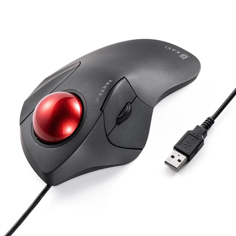 SANWA Wired Trackball Mouse, Index Finger Roller Ball Mouse for Large Hands | Silent Click, Programmable with Software, Mouse with Ball 44mm, Ergonomic, 600/800/1200/1600 DPI, Compatible Win, Mac, PC