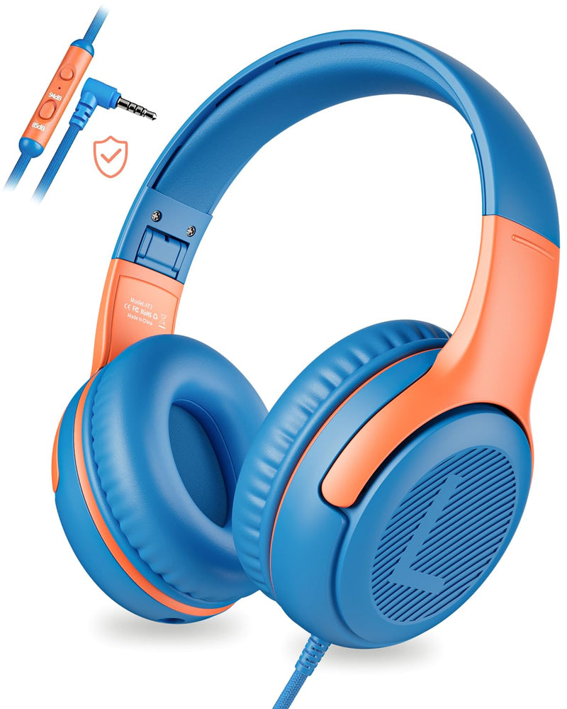 Kids Headphones Wired Toddler Headphones with Microphone, Over-Ear Headphones, 85/94dB Volume-Limiting, 3.5mm Jack, Foldable On-Ear Design - Safe & Comfortable for Learning & Entertainment BlueOrange