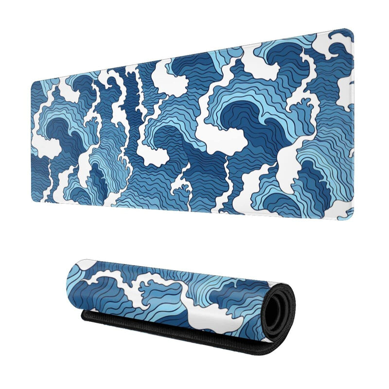 Japanese Wave Mouse Pad Blue and White Mouse Pad Gaming Large XXL Long Mousepad Extended XL Desk Mat Non-Slip Rubber Base Stitched Edges Mice Pad 31.5 X 11.8 Inch Abstract Japanese Wave