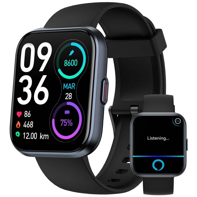 Smart Watch for Men Women Android iPhone, Alexa Built-in Fitness Watch with 1.8" LCD Screen & Bluetooth Call (Make/Answer), Heart Rate/SpO2/Sleep Monitor, 100 Sports, IP68 Waterproof Smartwatch Deep Black