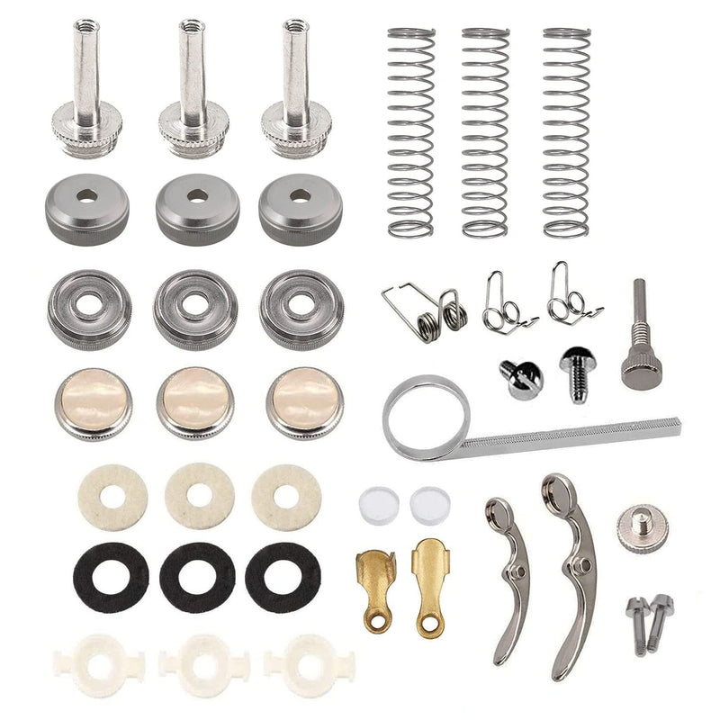 1Set Trumpet Repair Kit Trumpet Valve Finger Buttons Connecting Rods Valve Caps Piston Guides Spring Felt Washer Water Key Spit Valve Replacement 40Pcs, Silver