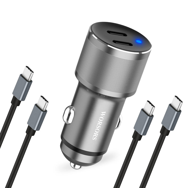 Dual USB C Car Charger, 60W PD (30W + 30W) Super Fast Charging Adapter Metal for iPhone 15 Pro Max, Samsung Galaxy S24 Ultra/S24 Plus/S24/S23/S22/S21, Note 20/10, iPad Pro + 2X Type C to C Cable 3.3Ft Gray