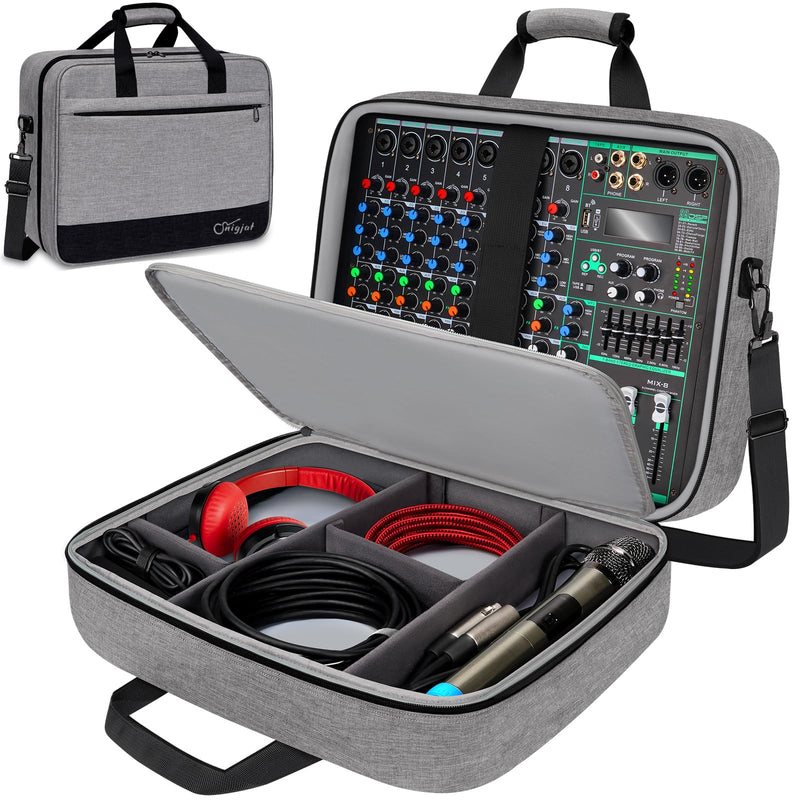 SNIGJAT Audio Mixer Case (Size:15.5"x 13" x 6"), Protective DJ Mixer Bag with 10mm Padding, Large-Capacity Recording Equipment Bag Soft with Adjustable Storage for Cables, Podcast Gear and Mics, Gray Grey
